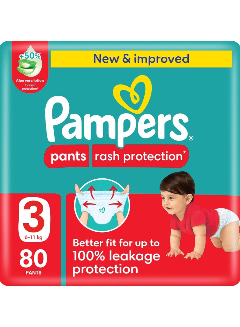 Pampers Rash Protection Pants Diapers, Size 3, 6-11kg, +50% Aloe Vera Lotion, 360° Leak-Free Fit for up to 100% Leakage Protection, Giant Pack, 80 Count