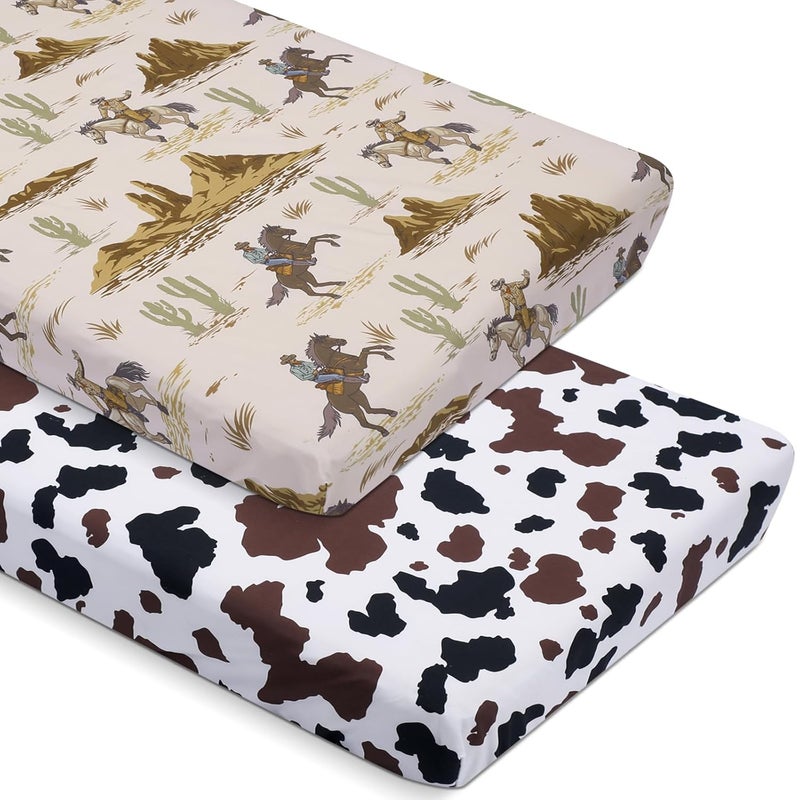 Mindsoft 2 Pcs Western Cowboy Crib Sheet Set 52 x 28 x 8 Inches Newborn Bedding Nursery Baby Sheets for Girl Boys Baby Gifts for Standard Crib and Toddler Mattresses - Image 1