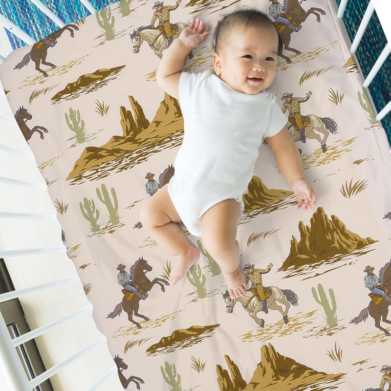 Mindsoft 2 Pcs Western Cowboy Crib Sheet Set 52 x 28 x 8 Inches Newborn Bedding Nursery Baby Sheets for Girl Boys Baby Gifts for Standard Crib and Toddler Mattresses - Image 4