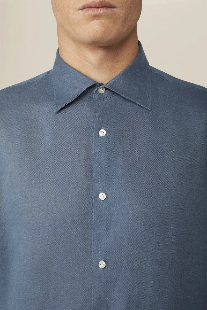 دوبل غانغر Men's 100% Linen Button-Down Shirt - Cerulean