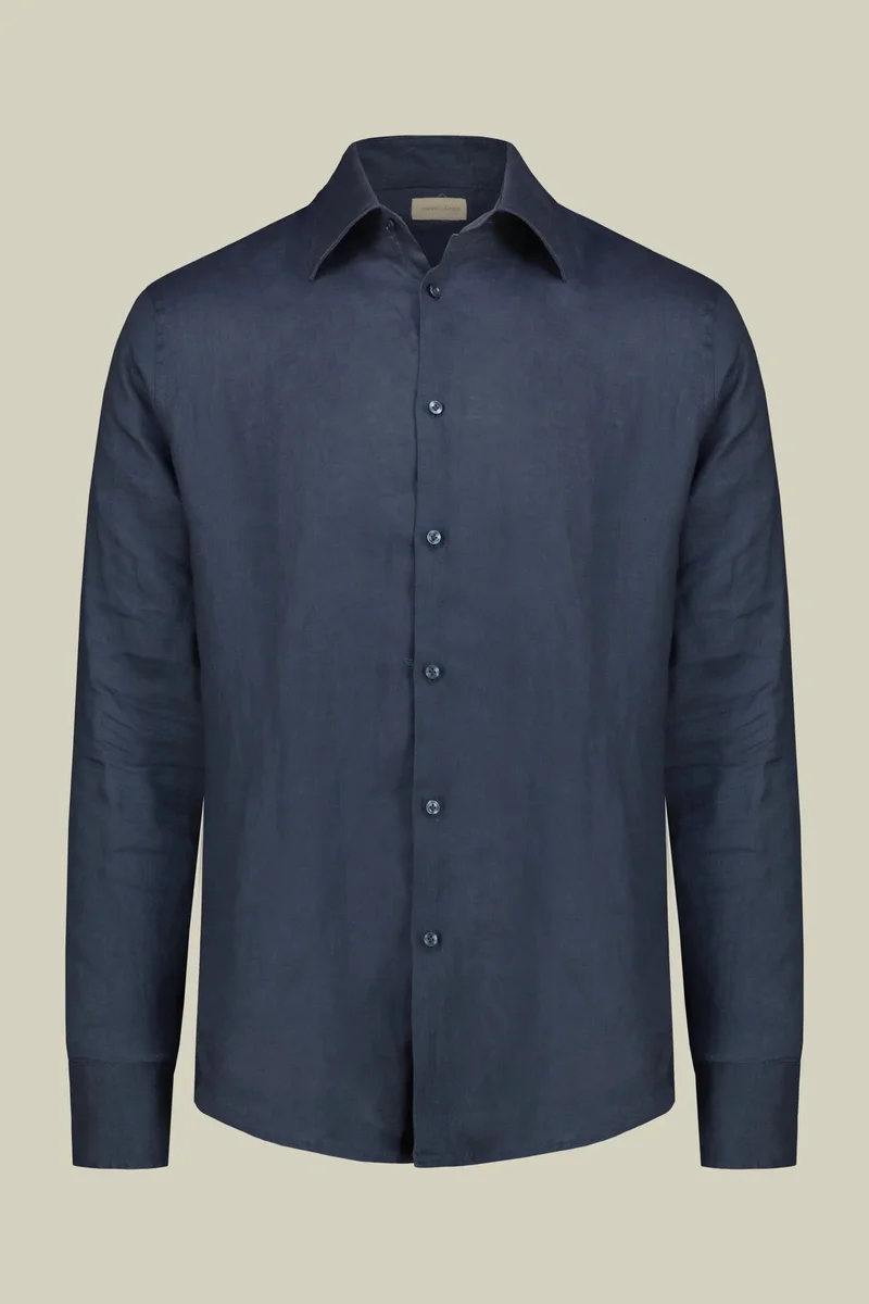 دوبل غانغر Men's 100% Linen Button-Down Shirt - Cerulean