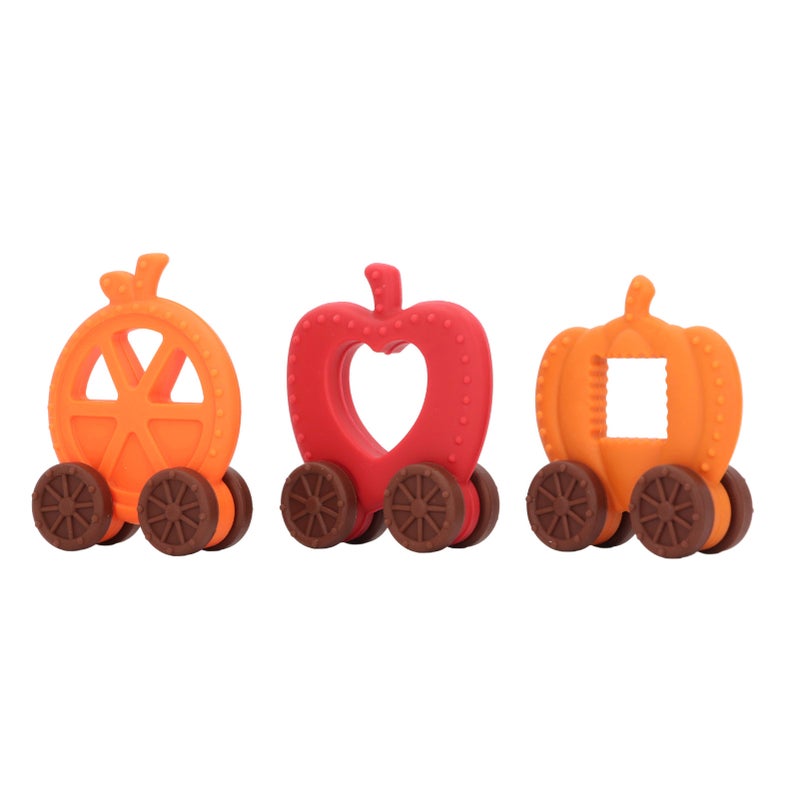 Baby Halloween Teether Toy Kit Halloween Style Teething Chew Silicone Wahsable Teether Chew Toys for Toddlers Infants Pumpkin Carriage Kit ( Apple, Orange, Pumpkin - Image 4