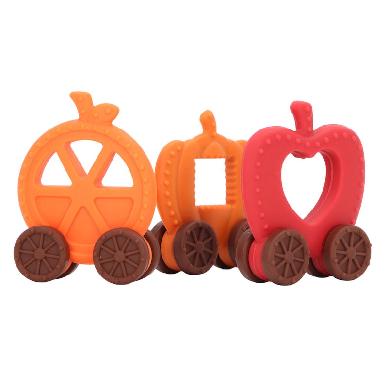 Baby Halloween Teether Toy Kit Halloween Style Teething Chew Silicone Wahsable Teether Chew Toys for Toddlers Infants Pumpkin Carriage Kit ( Apple, Orange, Pumpkin - Image 3