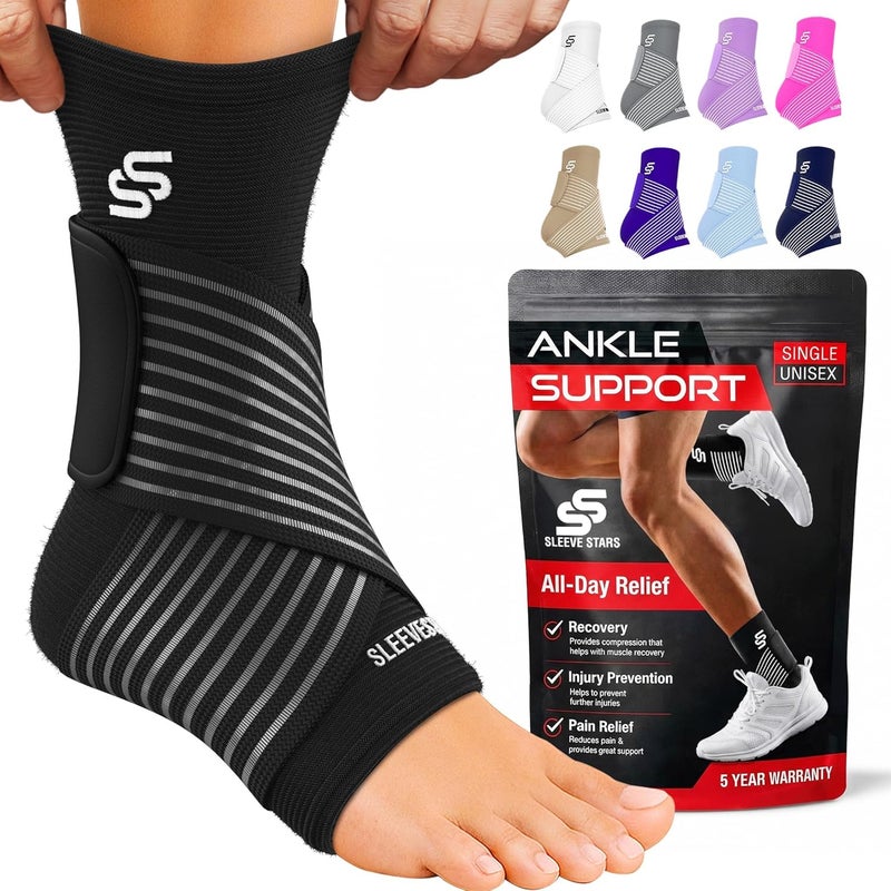 Sleeve Stars Ankle Brace for Men and Women - Compression Sleeve for Sprained Ankle and Plantar Fasciitis Relief with Adjustable Strap (Medium, Black) - Image 1