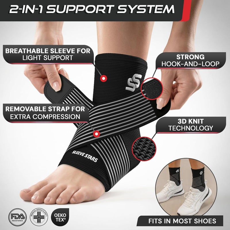 Sleeve Stars Ankle Brace for Men and Women - Compression Sleeve for Sprained Ankle and Plantar Fasciitis Relief with Adjustable Strap (Medium, Black) - Image 3