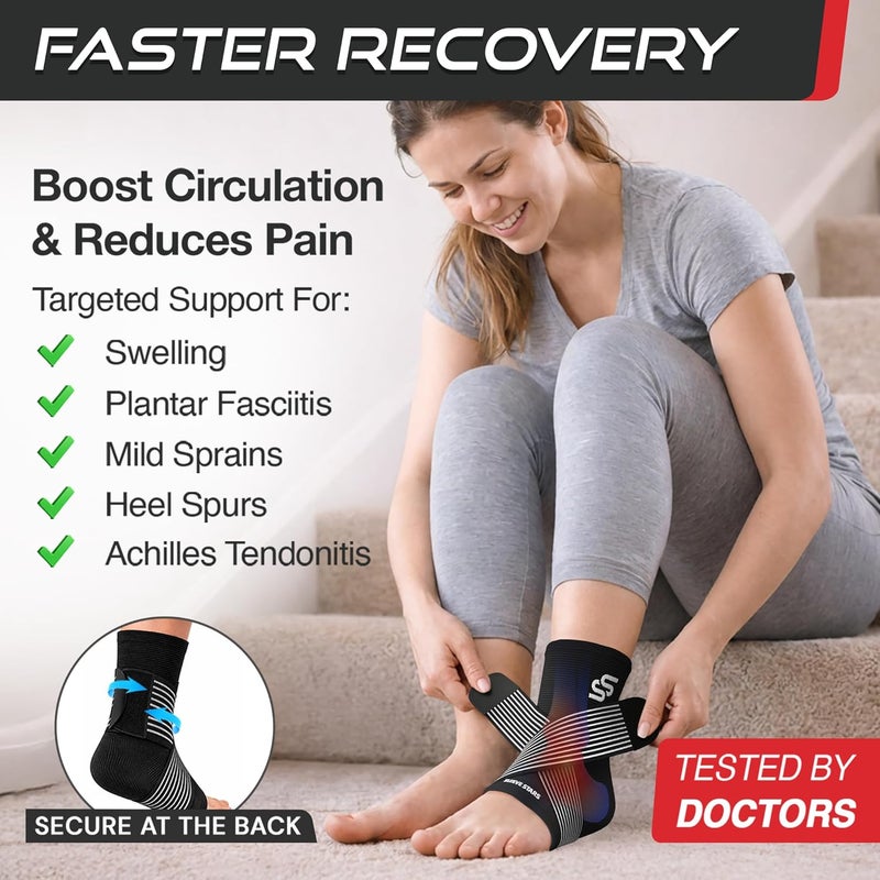 Sleeve Stars Ankle Brace for Men and Women - Compression Sleeve for Sprained Ankle and Plantar Fasciitis Relief with Adjustable Strap (Medium, Black) - Image 2