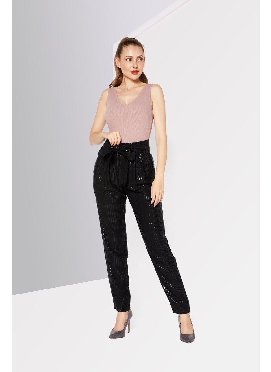 REISS Women Metallic Drawstring Straight Pants, Black  - Image 2