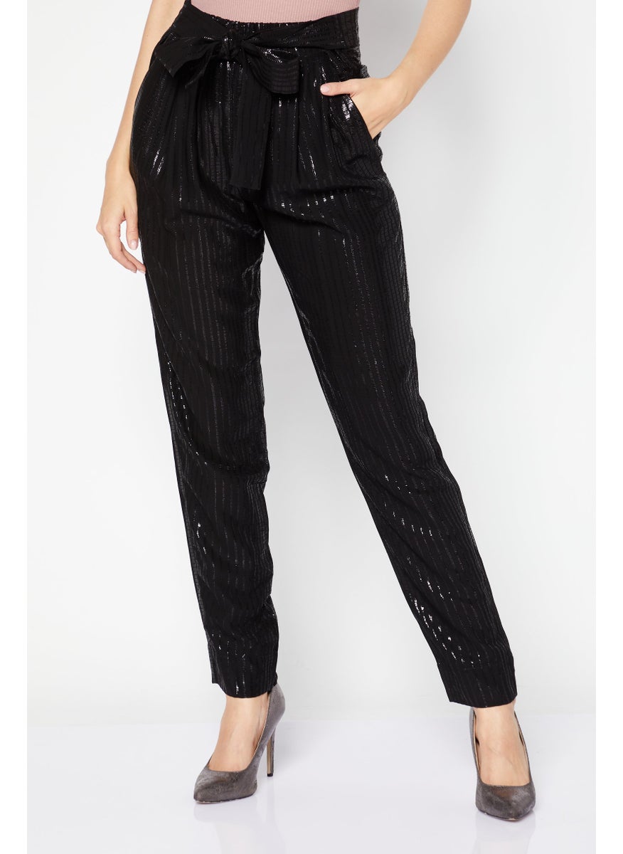 REISS Women Metallic Drawstring Straight Pants, Black  - Image 1