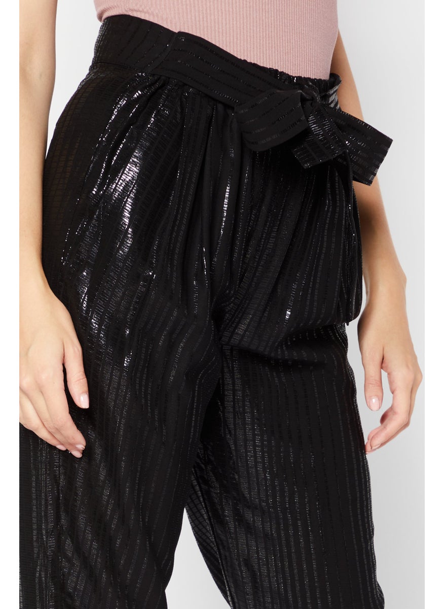 REISS Women Metallic Drawstring Straight Pants, Black  - Image 3