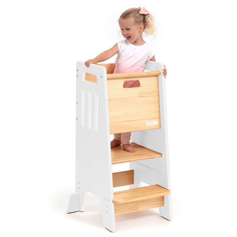 OCODILE Toddler Tower with a Sliding Door and 3 Adjustable Heights - Safe Toddler Kitchen Stool Helper with Support Feet - Updated Design for 18+ Months to 6-Year-Old Kids - White - Image 1