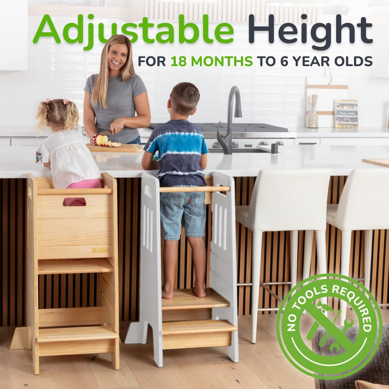 OCODILE Toddler Tower with a Sliding Door and 3 Adjustable Heights - Safe Toddler Kitchen Stool Helper with Support Feet - Updated Design for 18+ Months to 6-Year-Old Kids - White - Image 3