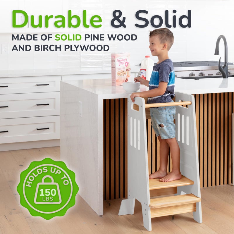 OCODILE Toddler Tower with a Sliding Door and 3 Adjustable Heights - Safe Toddler Kitchen Stool Helper with Support Feet - Updated Design for 18+ Months to 6-Year-Old Kids - White - Image 5