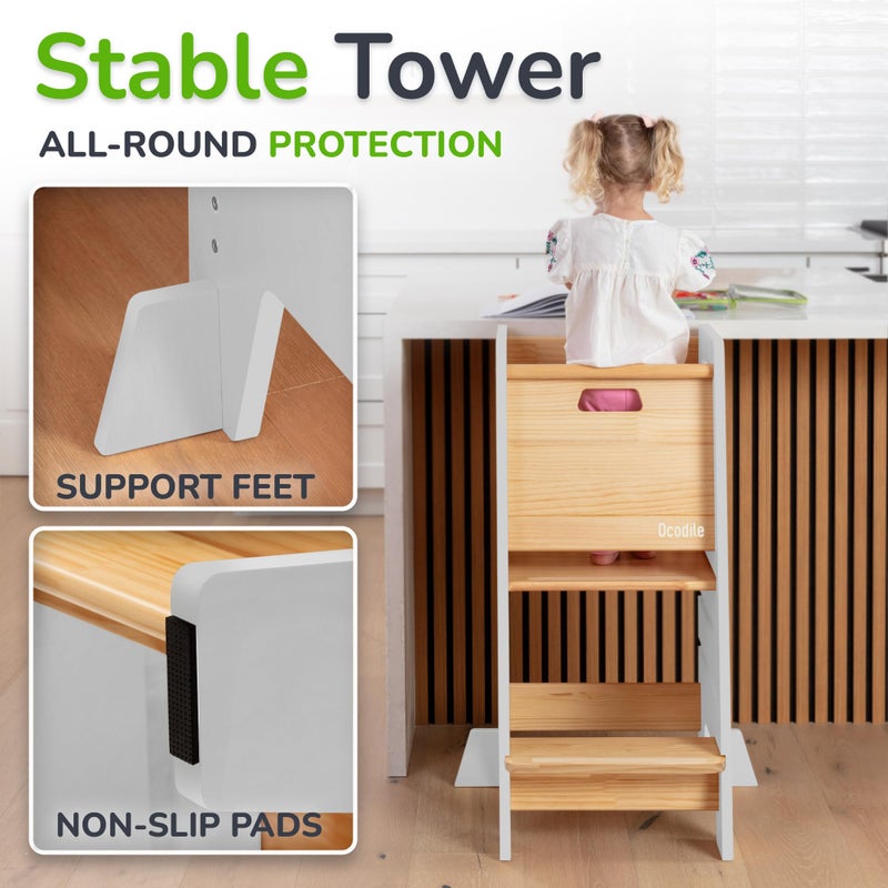 OCODILE Toddler Tower with a Sliding Door and 3 Adjustable Heights - Safe Toddler Kitchen Stool Helper with Support Feet - Updated Design for 18+ Months to 6-Year-Old Kids - White - Image 2
