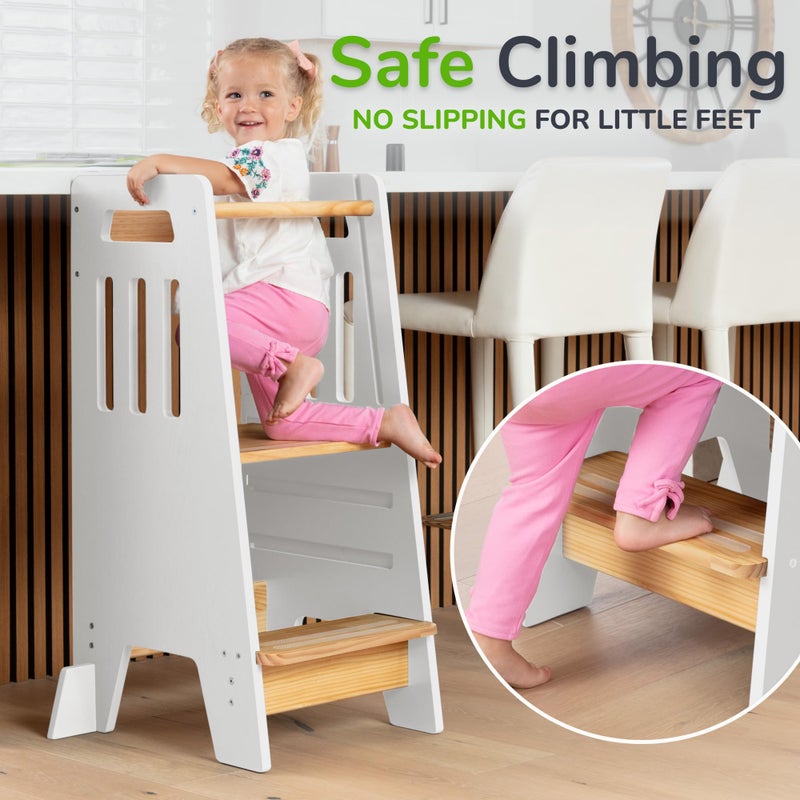 OCODILE Toddler Tower with a Sliding Door and 3 Adjustable Heights - Safe Toddler Kitchen Stool Helper with Support Feet - Updated Design for 18+ Months to 6-Year-Old Kids - White - Image 4
