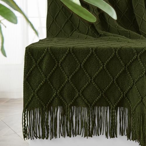 inhand Knitted Throw Blankets for Couch and Bed Soft Cozy Knit Blanket with Tassel Dark Green Lightweight Decorative Blankets and Throws Farmhouse Warm Woven Blanket for Men and Women 60x80 - Image 1