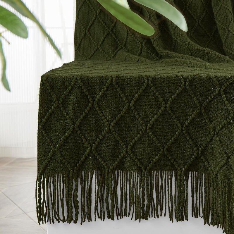 inhand Knitted Throw Blankets for Couch and Bed Soft Cozy Knit Blanket with Tassel Dark Green Lightweight Decorative Blankets and Throws Farmhouse Warm Woven Blanket for Men and Women 60x80 - Image 2