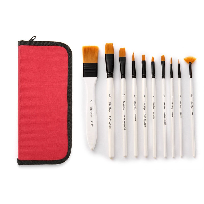 Paint Brush Set: 10pcs Various Sizes Shapes - Premium Nylon Hair Wood Handle Aluminum Tube Paint Brushes - With Canvas Carry Bag for Watercolor Acrylic Oil Gouache Painting, Painters Artists Beginners - Image 3