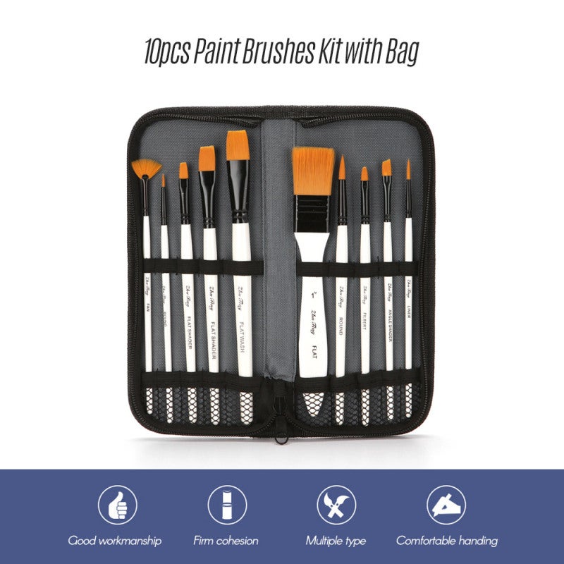 Paint Brush Set: 10pcs Various Sizes Shapes - Premium Nylon Hair Wood Handle Aluminum Tube Paint Brushes - With Canvas Carry Bag for Watercolor Acrylic Oil Gouache Painting, Painters Artists Beginners - Image 5