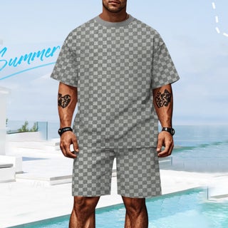 2025 Cross-border Mens Summer New Korean-style Jacquard Plaid Short-sleeved T-shirt Loose plus size Casual Shorts suit Gray - pzsku/Z1CD25B24CDB55989DDC3Z/45/1750432633/2fa7f24e-beb0-40f2-af8a-3923948780af