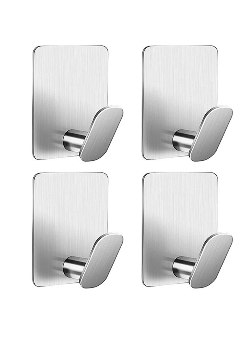 4-Pack Self-Adhesive Stainless Steel Wall Hooks, Silver, Heavy Duty Hooks for Bathroom, Kitchen, Bedroom, and Office – No Drilling Required, Holds up to 5kg - Image 1