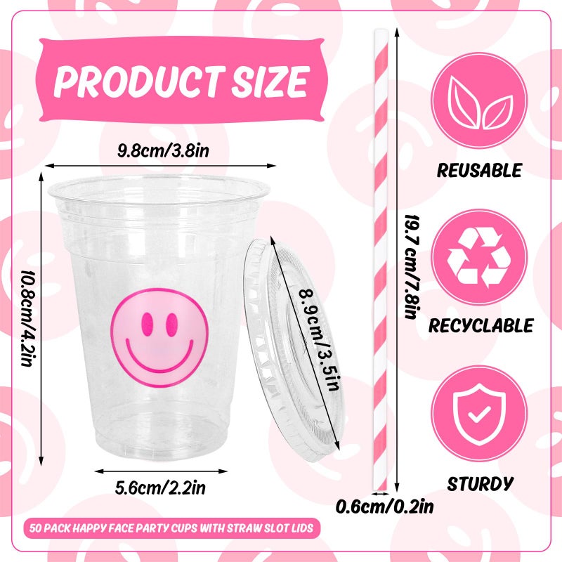 Whaline 50Pcs Valentines Day Pink Smile Face Cups with Lids and Straws 12oz Disposable Plastic Party Cups Preppy Happy Face Cold Beverage Drinking Cup for Birthday Party Baby Shower Wedding - Image 1