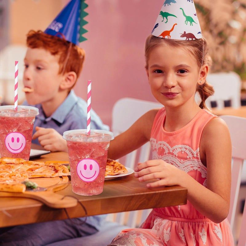 Whaline 50Pcs Valentines Day Pink Smile Face Cups with Lids and Straws 12oz Disposable Plastic Party Cups Preppy Happy Face Cold Beverage Drinking Cup for Birthday Party Baby Shower Wedding - Image 4