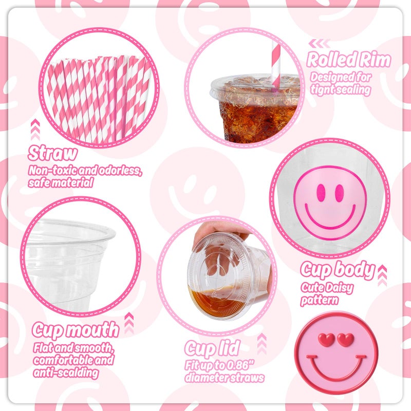 Whaline 50Pcs Valentines Day Pink Smile Face Cups with Lids and Straws 12oz Disposable Plastic Party Cups Preppy Happy Face Cold Beverage Drinking Cup for Birthday Party Baby Shower Wedding - Image 2