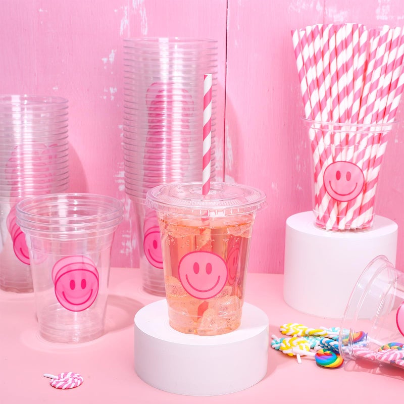 Whaline 50Pcs Valentines Day Pink Smile Face Cups with Lids and Straws 12oz Disposable Plastic Party Cups Preppy Happy Face Cold Beverage Drinking Cup for Birthday Party Baby Shower Wedding - Image 3