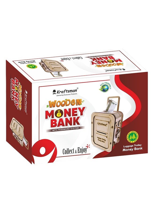 Kraftsman Kraftsman Wooden Money Bank with Password System | Luggage Trolley Style | Vintage Design, Secure Lock | Functional Home or Office Decor, Durable Craftsmanship, Unique, Retro-Inspired, Money-Saving Storage. - Image 3
