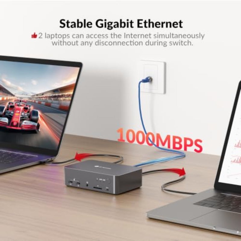 قاعدة توصيل KVM لألعاب المكتب المنزلي لشاشتين وجهاز كمبيوتر محمول، سبائك الألومنيوم، أسود، شاشة مزدوجة 4K، 2 منافذ USB-C MST، 60 وات PD لكل جهاز كمبيوتر، 1 جيجا إيثرنت، محاكاة EDID، 2K@144 هرتز/1080P@240 هرتز - Image 5