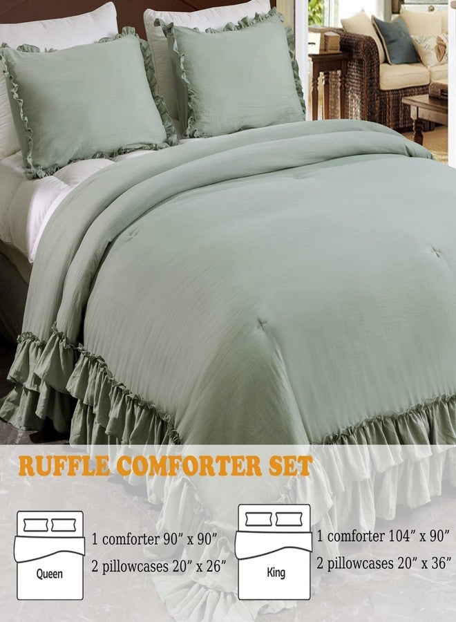 Masaca Green Ruffle Comforter Set Queen,Vintage Farmhouse Shabby Ruffled Chic Bedding Comforter,Rustic Aesthetic Bedding 3 Pieces Women Girls Bedroom Vintage Bed Comforter - Image 2