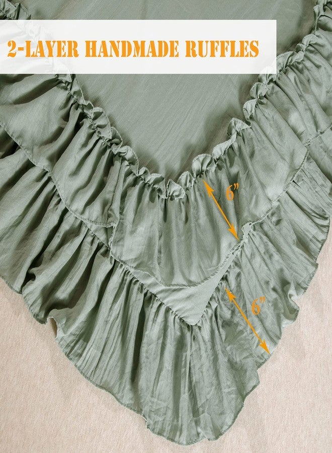 Masaca Green Ruffle Comforter Set Queen,Vintage Farmhouse Shabby Ruffled Chic Bedding Comforter,Rustic Aesthetic Bedding 3 Pieces Women Girls Bedroom Vintage Bed Comforter - Image 3