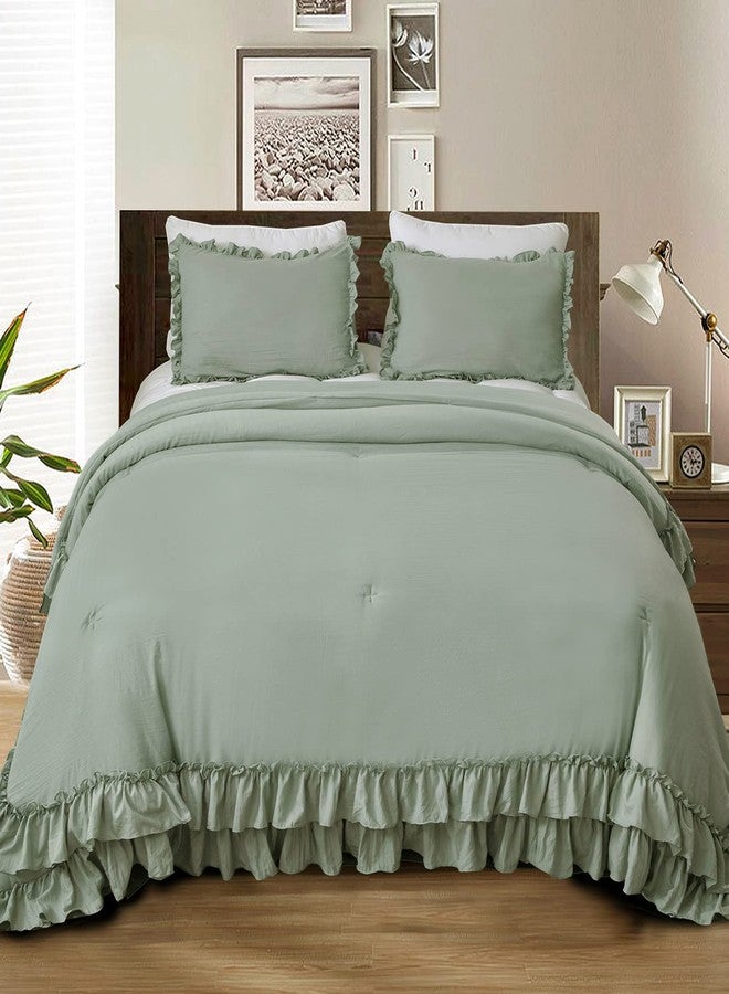 Masaca Green Ruffle Comforter Set Queen,Vintage Farmhouse Shabby Ruffled Chic Bedding Comforter,Rustic Aesthetic Bedding 3 Pieces Women Girls Bedroom Vintage Bed Comforter - Image 1