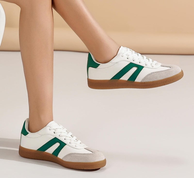 OFG Women's Retro Gum Sole Fashion Sneakers-Lace Detail Casual Retro Walking Shoes-Gum Sole Casual Tennis-Anti Slip Trainersï¼ˆGreen/White,8ï¼‰ - Image 2