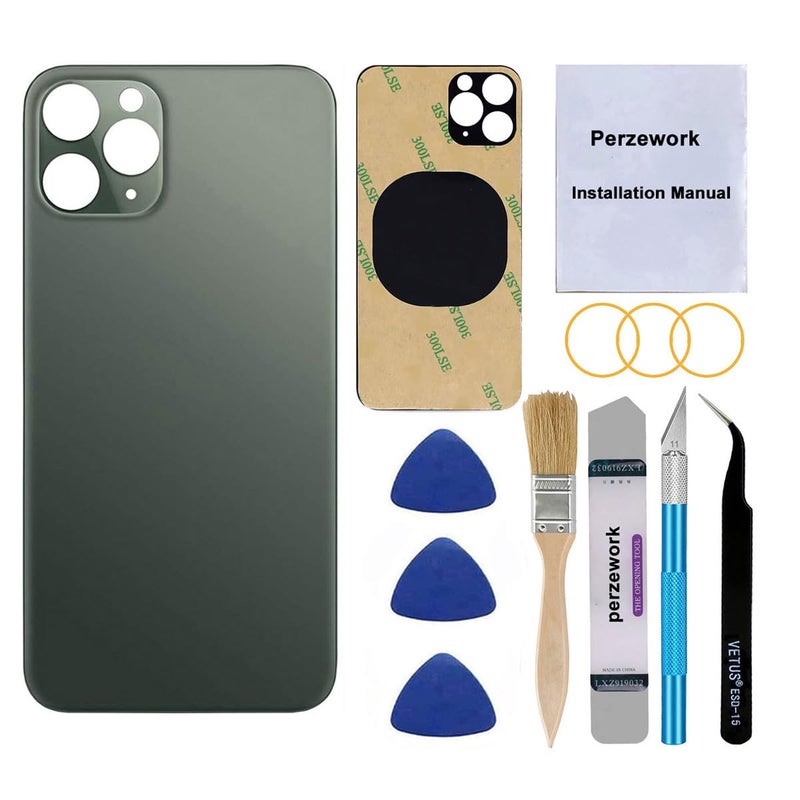 Perzework استبدال زجاج خلفي أصلي من بيرز وورك لجهاز آيفون 11 برو ماكس 6.5 بوصة مع مجموعة أدوات الإصلاح ومواد لاصقة مثبتة مسبقًا (أخضر منتصف الليل) - Image 5