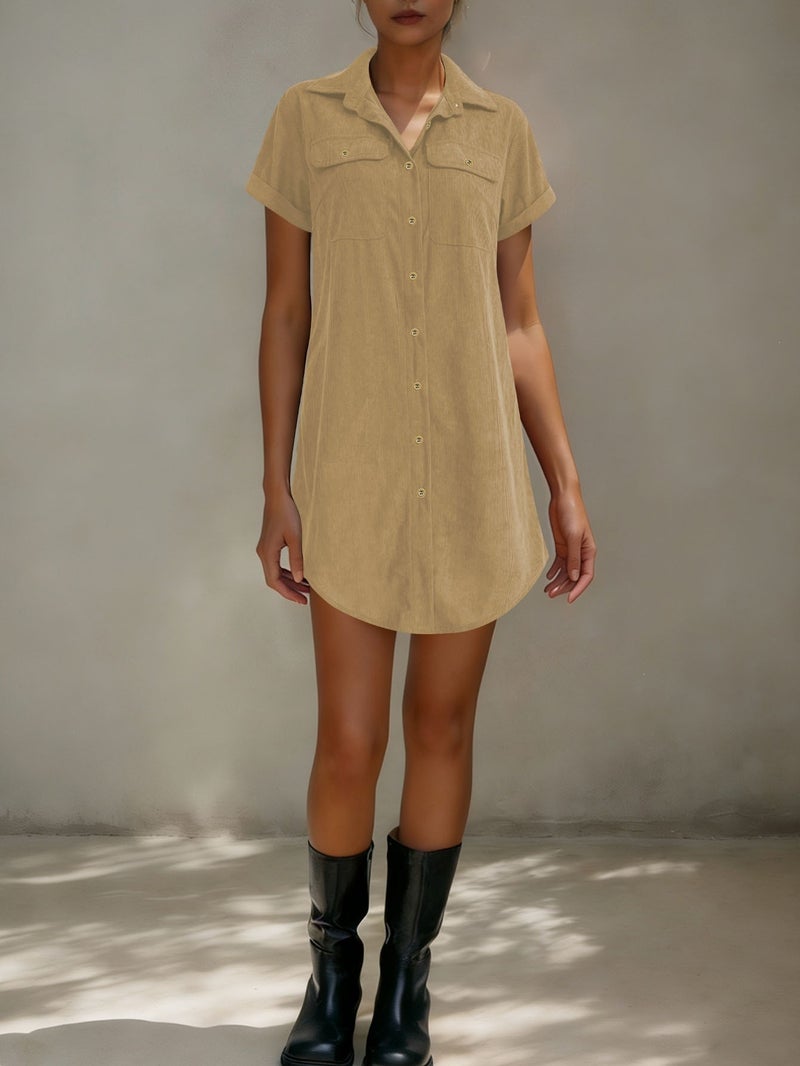 Vintage Casual Corduroy Shirt Dress Loose Slimming Short Sleeve Turn-down Collar Dress - Image 2