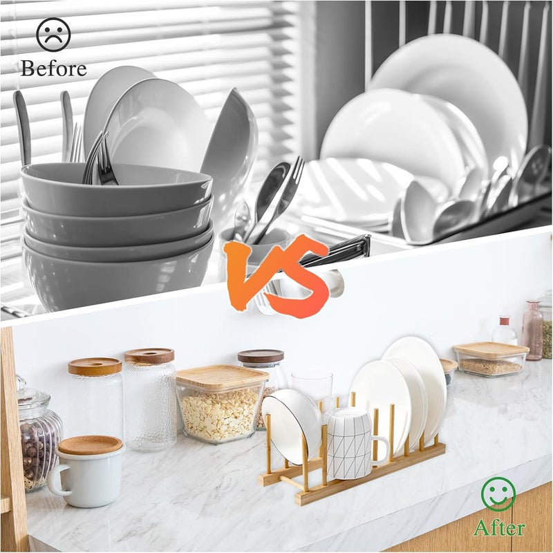 MOAMUN 2PC Bamboo Wooden Dish Drying Rack 8Slot Plate Rack Cabinet Dish Stand Organizer for Kitchen Counter Drainer Storage Holder for BowlCupLidCutting BoardBook SpaceSaving Design - Image 2
