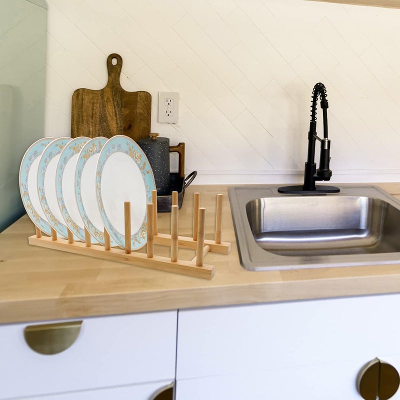 MOAMUN 2PC Bamboo Wooden Dish Drying Rack 8Slot Plate Rack Cabinet Dish Stand Organizer for Kitchen Counter Drainer Storage Holder for BowlCupLidCutting BoardBook SpaceSaving Design - Image 5