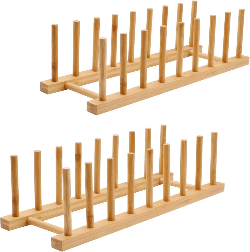 MOAMUN 2PC Bamboo Wooden Dish Drying Rack 8Slot Plate Rack Cabinet Dish Stand Organizer for Kitchen Counter Drainer Storage Holder for BowlCupLidCutting BoardBook SpaceSaving Design - Image 1