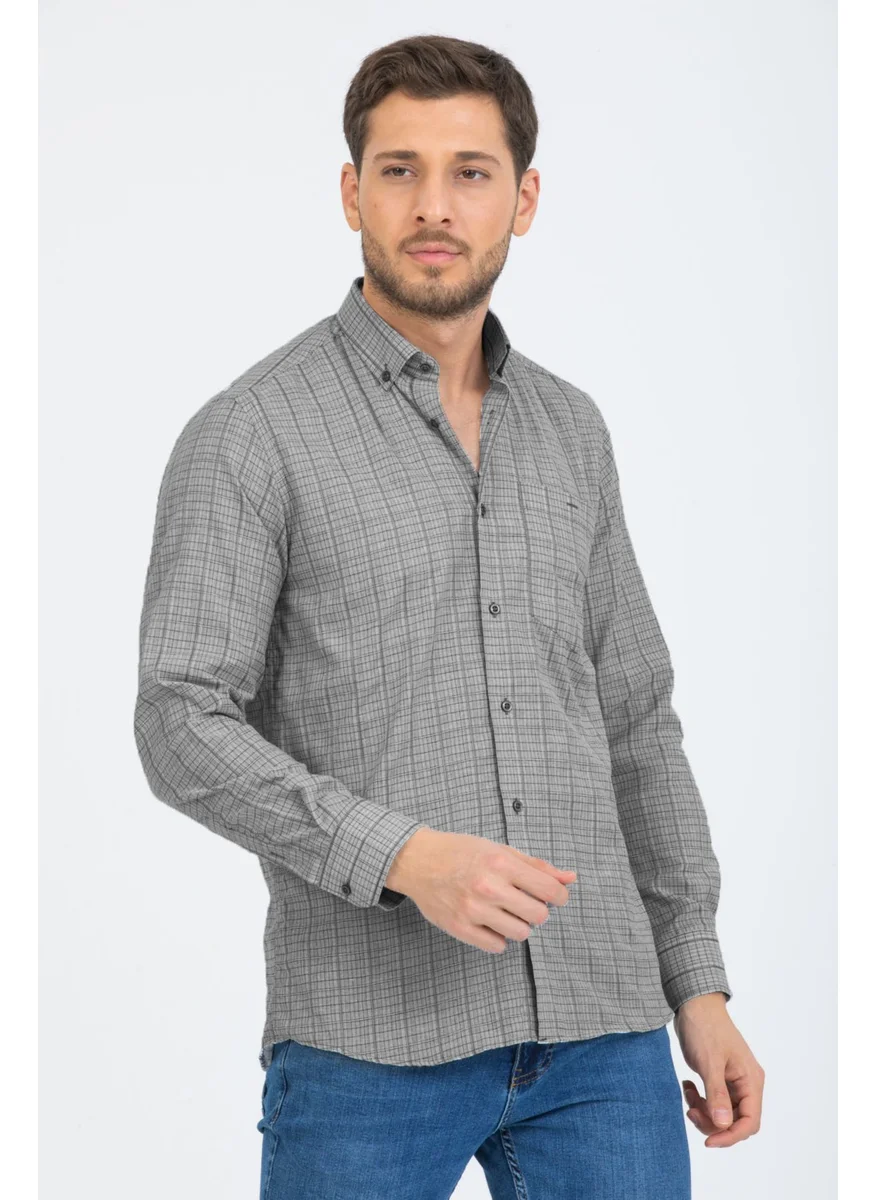 Varetta Men's Gray Checked Long Sleeve Collar Buttoned One Pocket Shirt