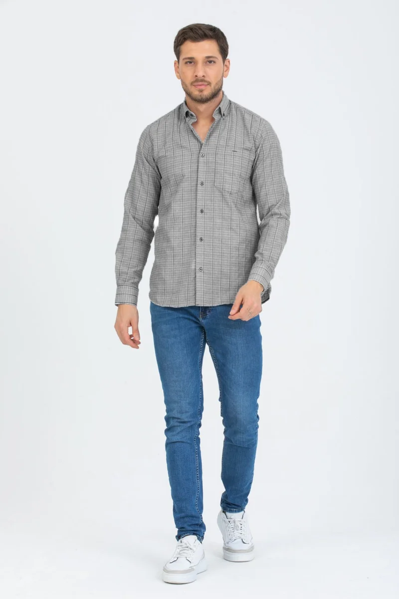 Varetta Men's Gray Checked Long Sleeve Collar Buttoned One Pocket Shirt