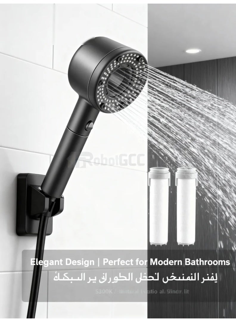 رأس دش محمول  مع فلتر – ضغط ماء عالي، 5 أوضاع رش، فلتر PP بالفحم، يقلل تساقط الشعر، يحمي البشرة، يشمل 2 فلتر إضافي - Image 1