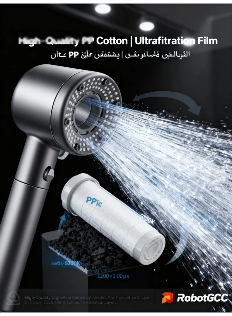 رأس دش محمول  مع فلتر – ضغط ماء عالي، 5 أوضاع رش، فلتر PP بالفحم، يقلل تساقط الشعر، يحمي البشرة، يشمل 2 فلتر إضافي - Image 5