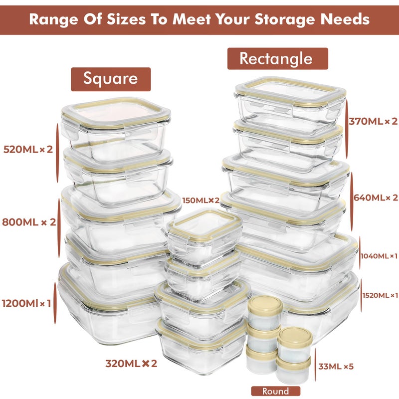 Razab 35 Pc Set Glass Food Storage Containers with Lids - Meal Prep Airtight Bento Boxes BPA-Free 100% Leak Proof (15 lids,15 glass & 5 Plastic Sauce/Dip Containers) - Image 2