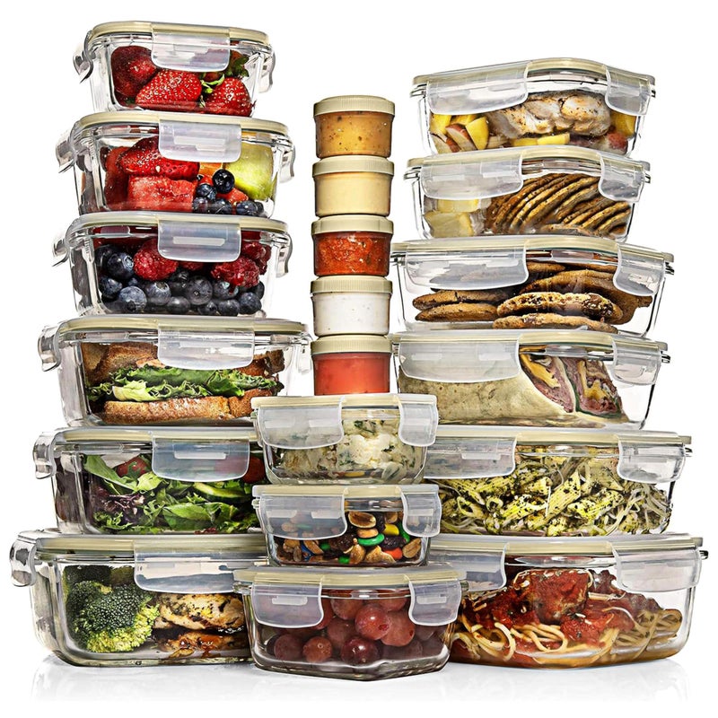 Razab 35 Pc Set Glass Food Storage Containers with Lids - Meal Prep Airtight Bento Boxes BPA-Free 100% Leak Proof (15 lids,15 glass & 5 Plastic Sauce/Dip Containers) - Image 1