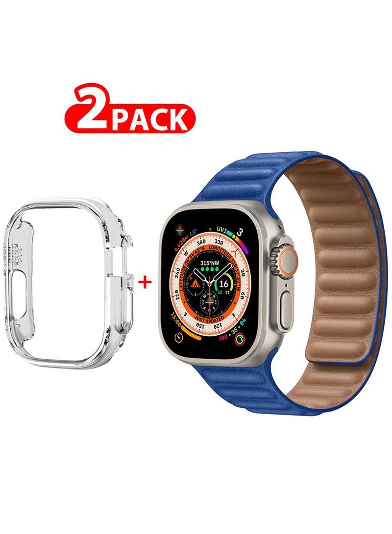 CATANES 2 Packs For Apple Watch Band 49mm Leather Link Strap Magnetic Loop Bracelet and Clear Cup Holder Blue  - Image 1