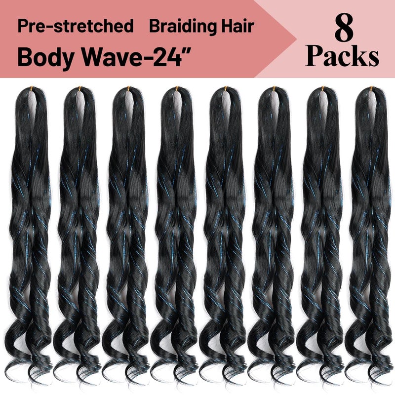 Luoyudu French Curly Braiding Hair 24 Inch Loose Wavy 8 Packs Bouncy Braiding Hair Extensions with 1B/Blue Hair Tinsel 75g/Pack Synthetic French Curl Hair Extensions(8pack,1B/Blue Hair Tinsel) - Image 4