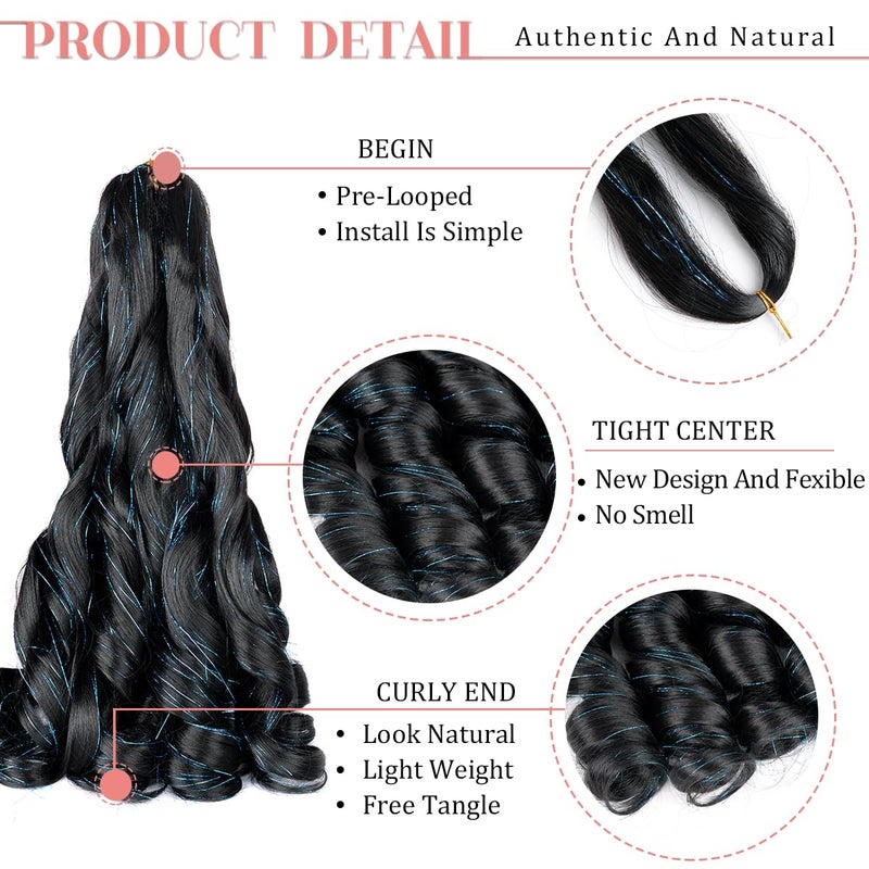 Luoyudu French Curly Braiding Hair 24 Inch Loose Wavy 8 Packs Bouncy Braiding Hair Extensions with 1B/Blue Hair Tinsel 75g/Pack Synthetic French Curl Hair Extensions(8pack,1B/Blue Hair Tinsel) - Image 3