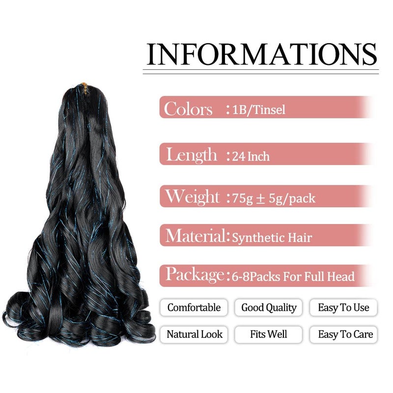 Luoyudu French Curly Braiding Hair 24 Inch Loose Wavy 8 Packs Bouncy Braiding Hair Extensions with 1B/Blue Hair Tinsel 75g/Pack Synthetic French Curl Hair Extensions(8pack,1B/Blue Hair Tinsel) - Image 2