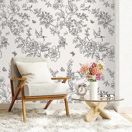 Froluya Black and Cream White Floral Wallpaper Peel and Stick Wallpaper 17.7in×393.7in Vintage Floral Contact Paper Flowers Birds Removable Self Adhesive Decorative Wall Paper for Bathroom Cabinets - Image 3